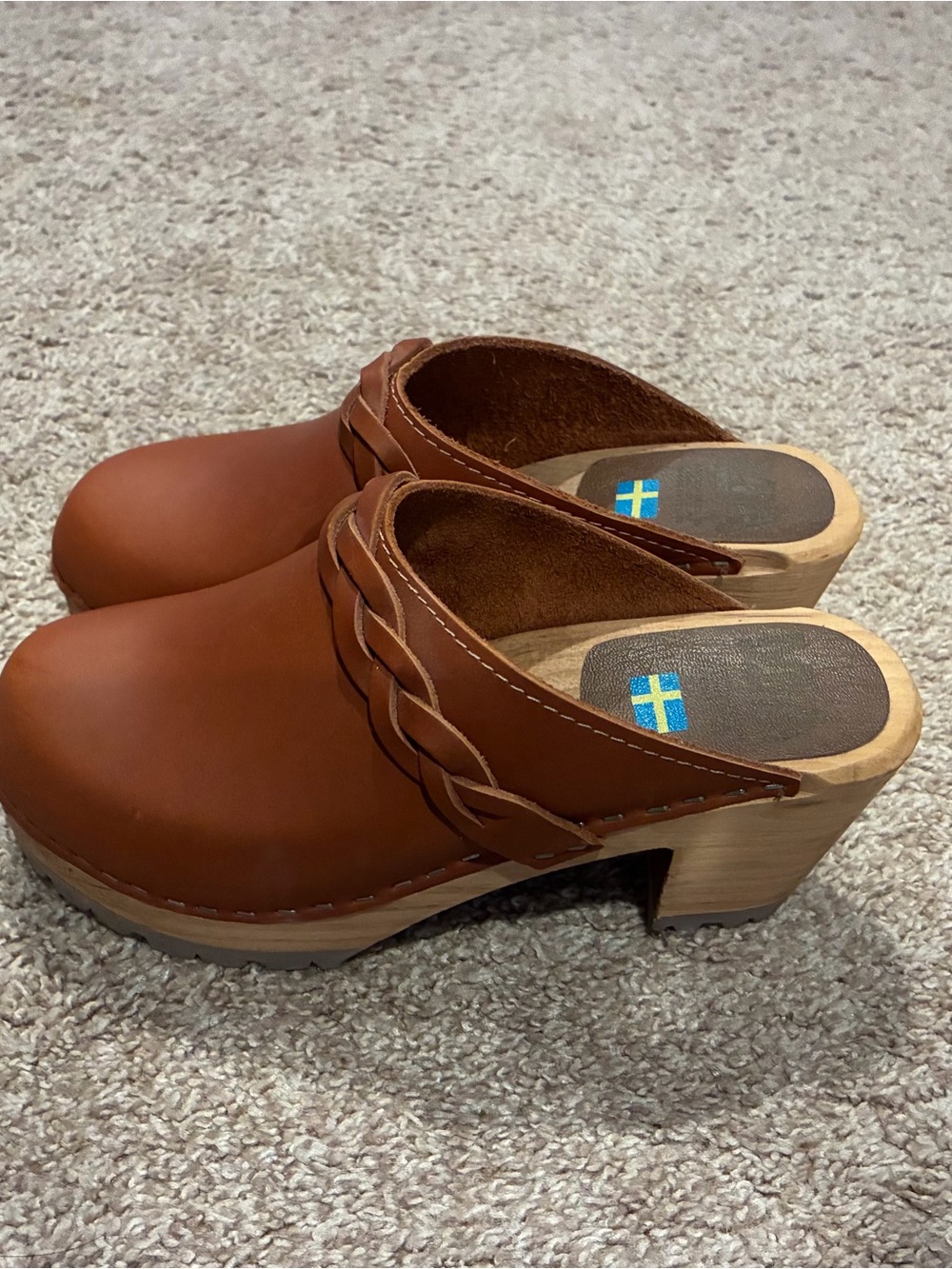MIA Tan Leather Braided Clog Heels